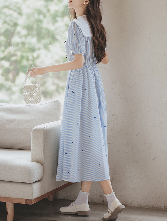 Fresh Dress College Style Age-Reducing Sailor Collar Bow Jacquard Fitted Waist Striped Long Dress 50