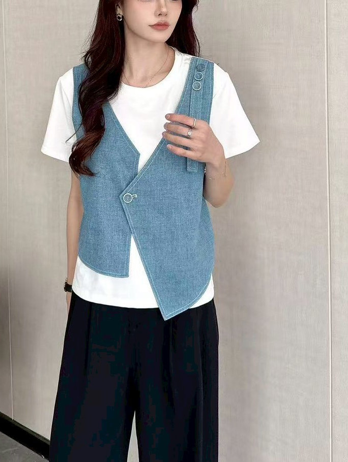Denim Vest Faux Two-Piece Top 牛仔马甲假两件上衣*4 Colors