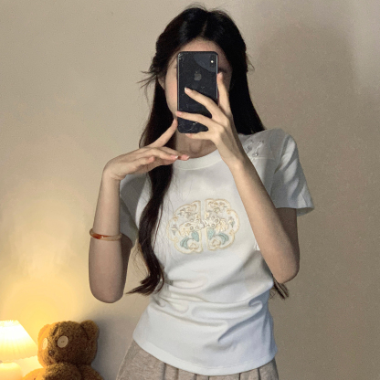 Real Shot New Chinese Style Rayon Air Layer 210g Short Sleeve T-Shirt for Women Summer Embroidery Slim Fit Regular Shoulder Short Round Neck Top