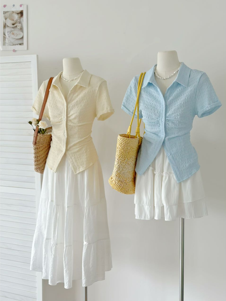 RINA Sweet Ruched Blouse 甜美褶皱短袖衬衫*4 Colors