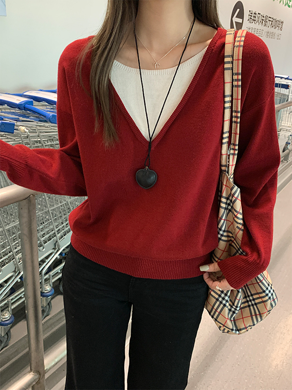 慵懒撞色假两件毛衣* 2 Colors