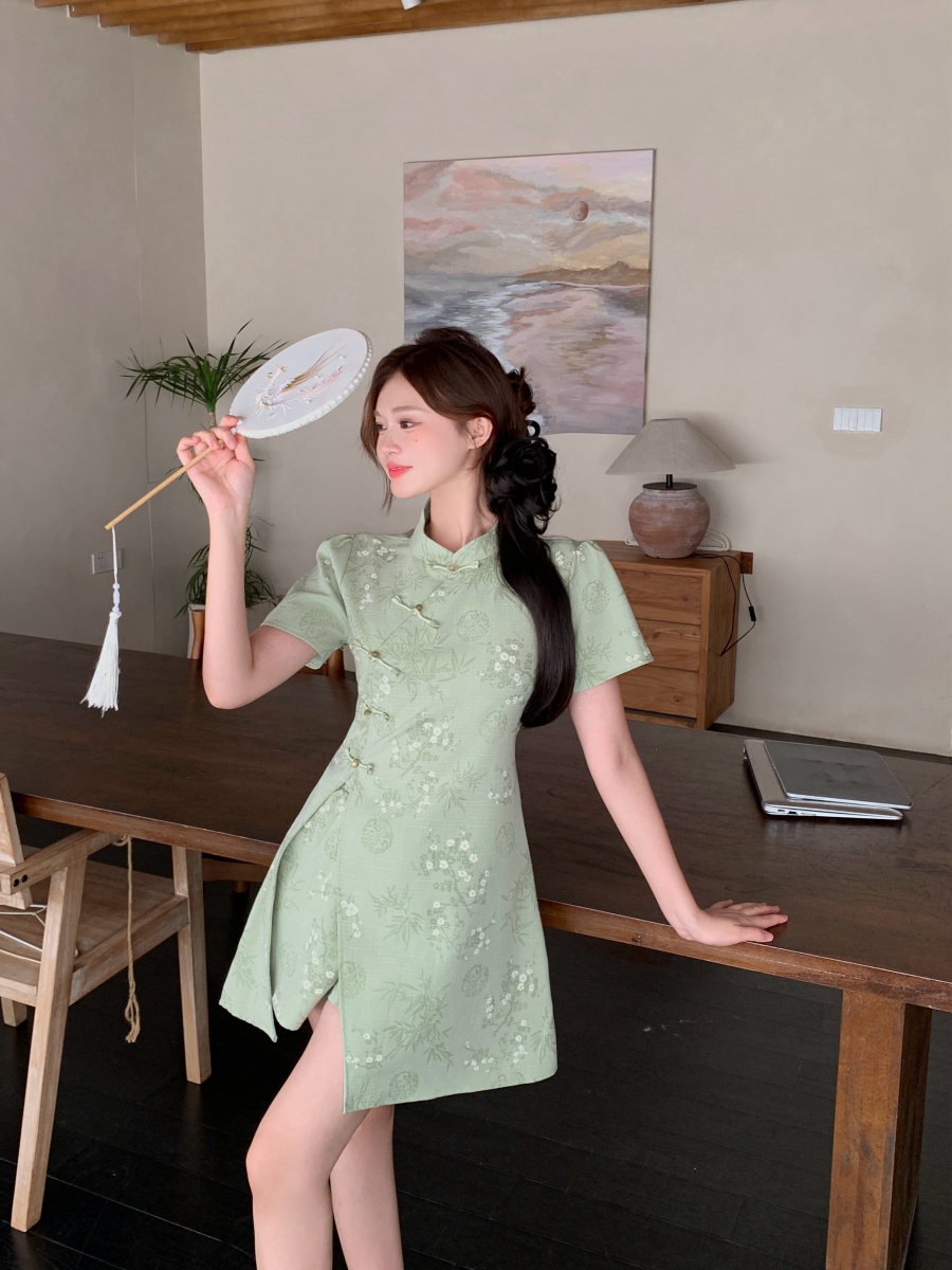 Short Sleeve Cheongsam Short Skirt Two-Piece Set 袖旗袍短裙两件套装