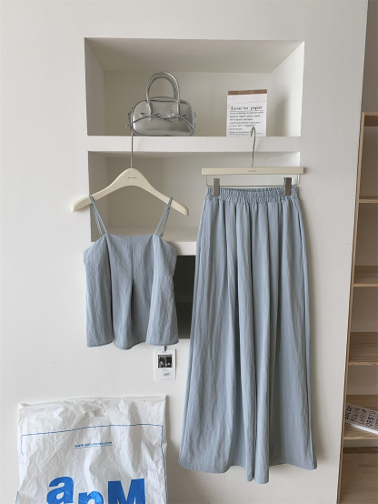 French Style Overall Dress Set Women's Summer Simplicity Temperament Cute Youth-Looking Design Sleeveless Top Wide Leg Pants Two-Piece Set