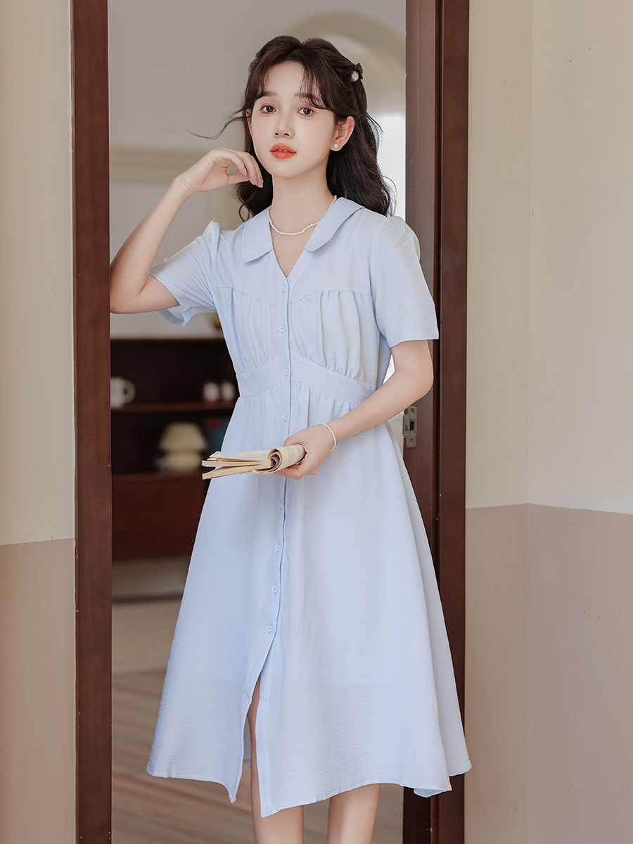 French Retro Blue Short-Sleeved Dress Women's 2024 Summer New V-neck Elegant A- line Midi Dress 40