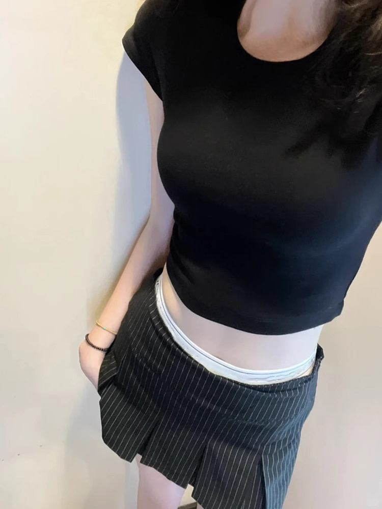 T443 # 230g Cool Silk Cotton 40s 1*1 Ribbed Round Neck Short Pure Desire Hot Girl Slim Hourglass T-Shirt for Women