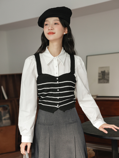 Stripes Knitted Vest Fake Two-Piece Top学院风~条纹针织背心假两件上衣* 2 Colors