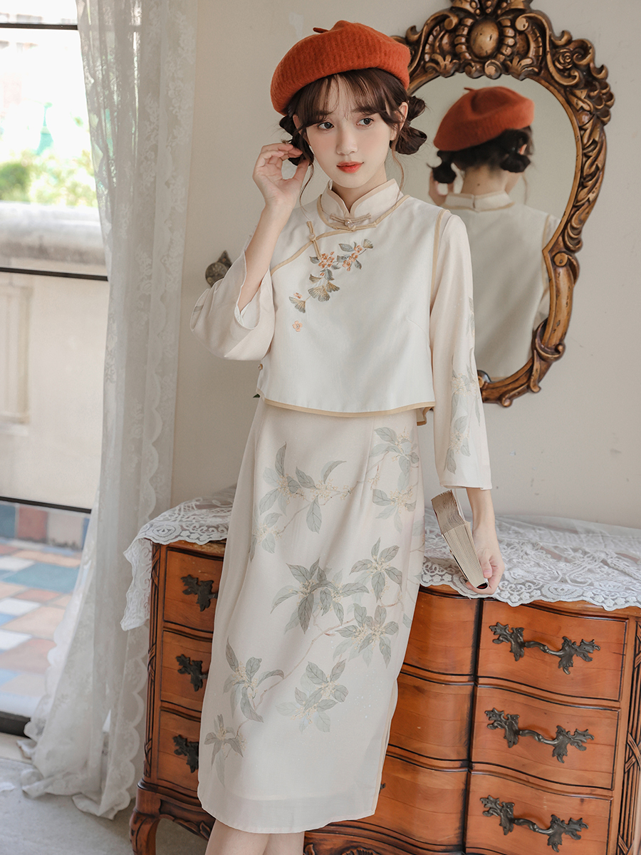 Republic of China Style New Retro Improved Slim-Fitting Slimming Cheongsam Skirt Embroidered Vest Cheongsam Suit Women's Limited Price 50