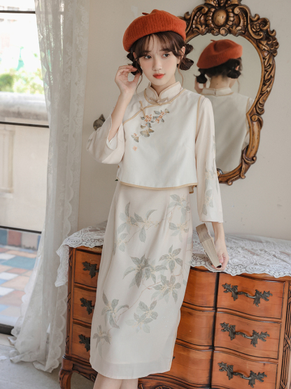 Republic of China Style New Retro Improved Slim-Fitting Slimming Cheongsam Skirt Embroidered Vest Cheongsam Suit Women's Limited Price 50