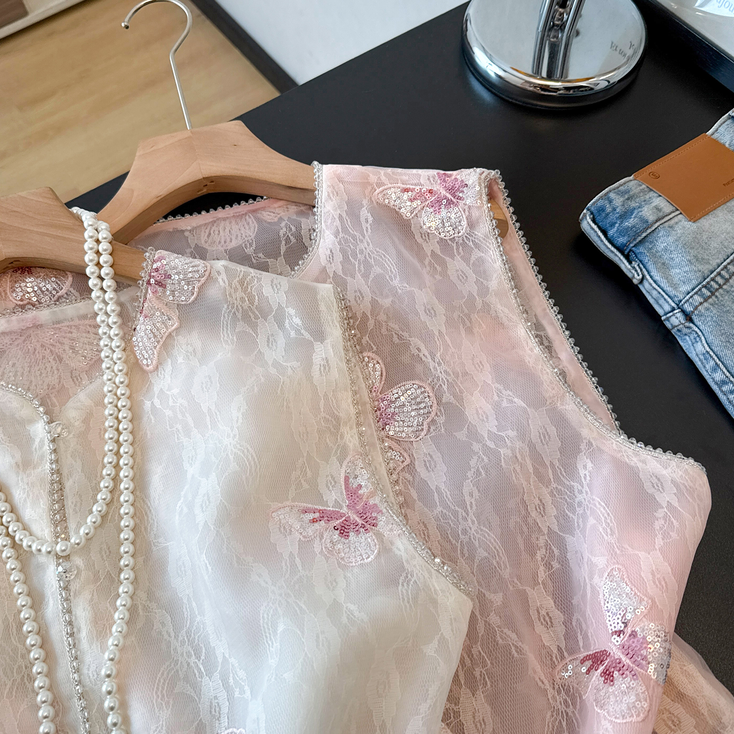 VELVÉ Butterfly Embroidered Sequin Mesh Vest 蝴蝶刺绣亮片网纱马甲3196 * 2 Colors