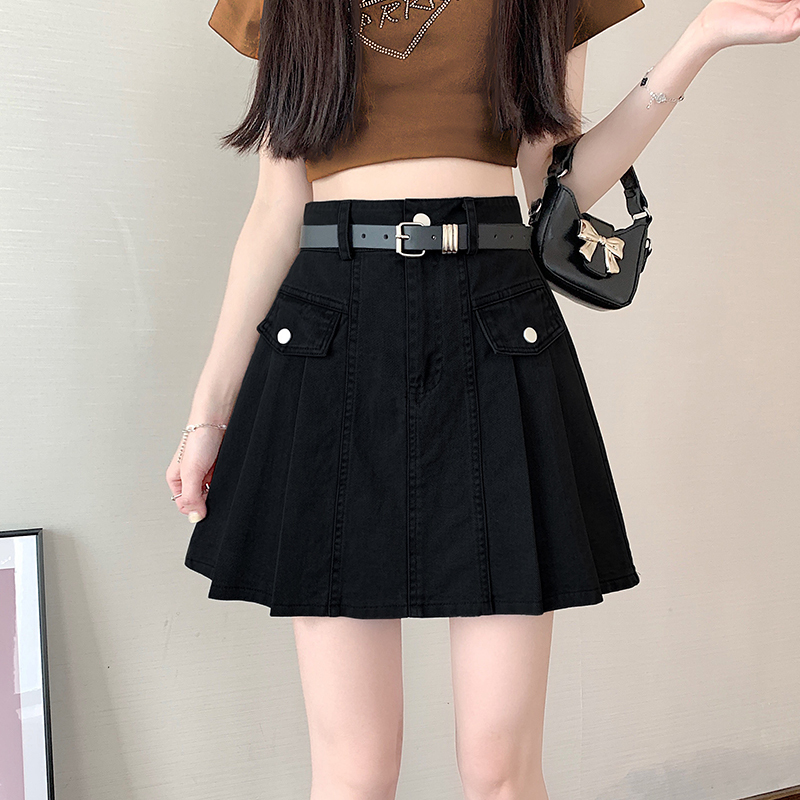 Real Shot Pleated Midi Skirt for Women 2025 Spring Summer High Waist Elegant Casual Slimming Short Skirt with Belt A-line Skirt Umbrella Skirt