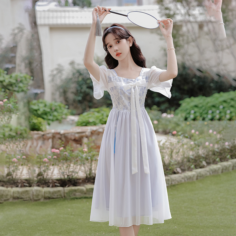 New Chinese Floating Flower Jiangnan Improved Hanfu Embroidery Tassel Gentle Vacation Skirt Fairy Dress