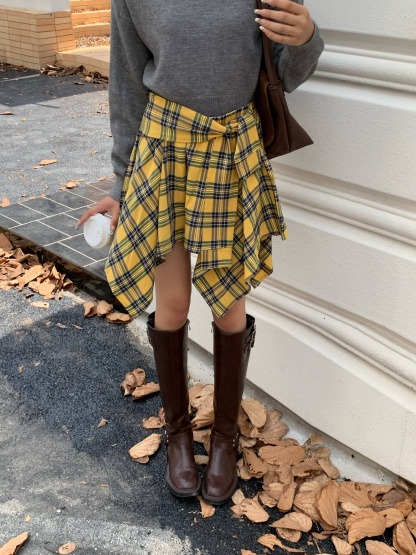 Plaid Ribbon-Tie Asymmetrical Skirt 不规则绑带格纹短裙*4 Colors