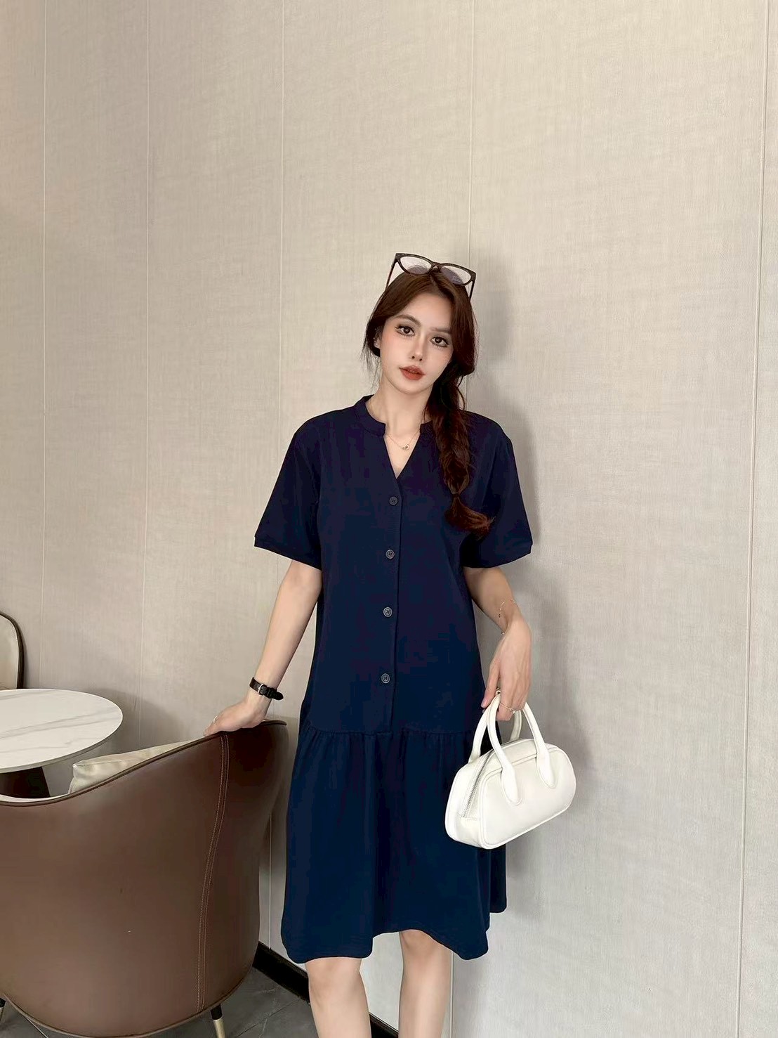 Button Front Ruffle Hem Dress 温柔系V领排扣连衣裙* 4 Colors