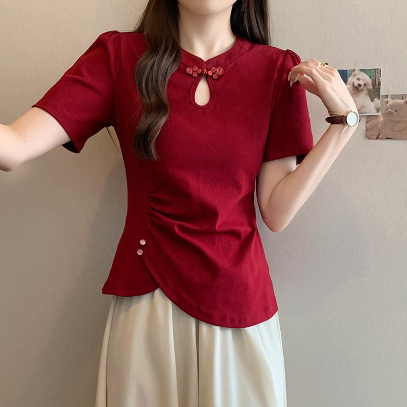 新中式镂空盘扣短袖T恤 New Chinese Style Hollow Out Button Short Sleeve T-Shirt