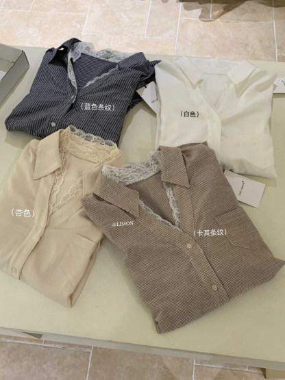 Lace Trim V-Neck Shirt V领蕾丝拼接衬衫*4 Colors