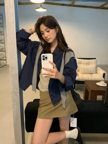  RINA Striped Layered 3-Piece Set 高街韩女！纯色衬衫+条纹背心+披肩三件套*4 Colors
