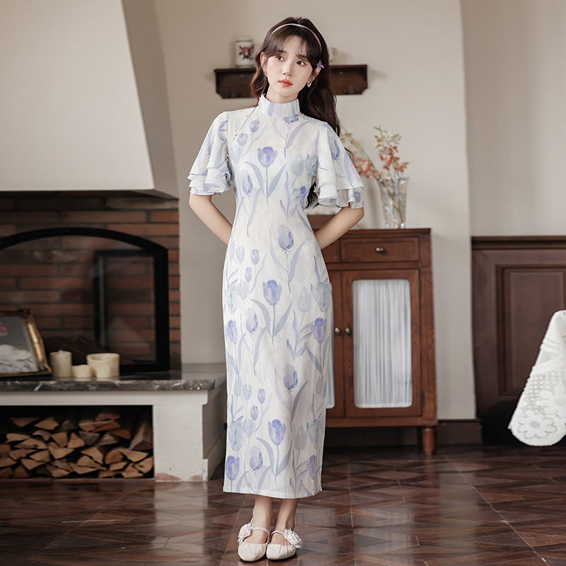 Smooth Skin Snow | New Girls Lived during the Republic of China Lotus Leaf Sleeve Tulip Long Cheongsam Slim Spring and Summer Young New Chinese Style 40