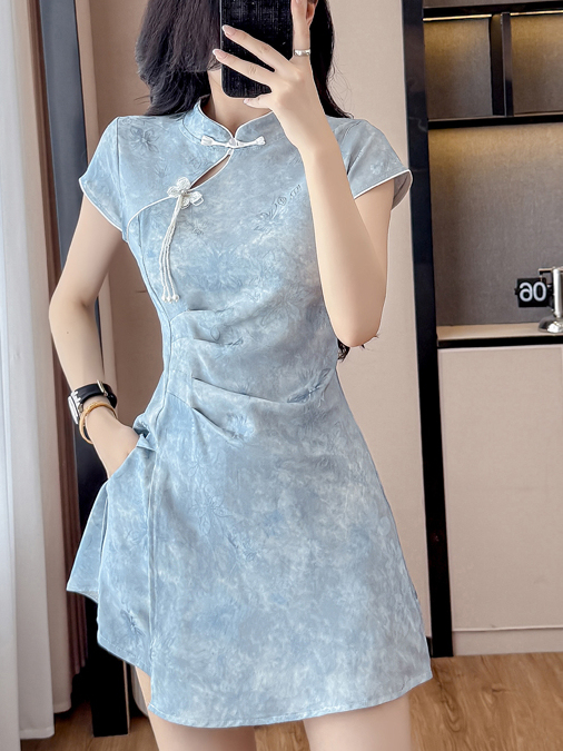 Real Shot New Chinese Style Improved Cheongsam Jacquard Slightly Elastic Dress Shorts Two-piece Set