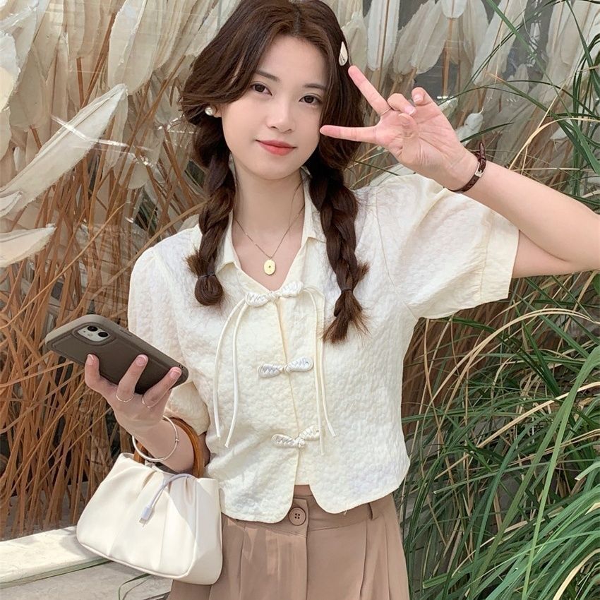 Retro Buckle Shirt Women's Clothing Puff Sleeve Top Design Sense Niche Summer New Style White French Short Sleeve Shirt