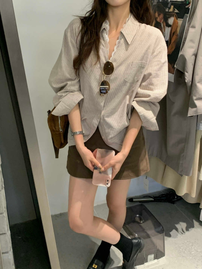 Lace Trim V-Neck Shirt V领蕾丝拼接衬衫*4 Colors