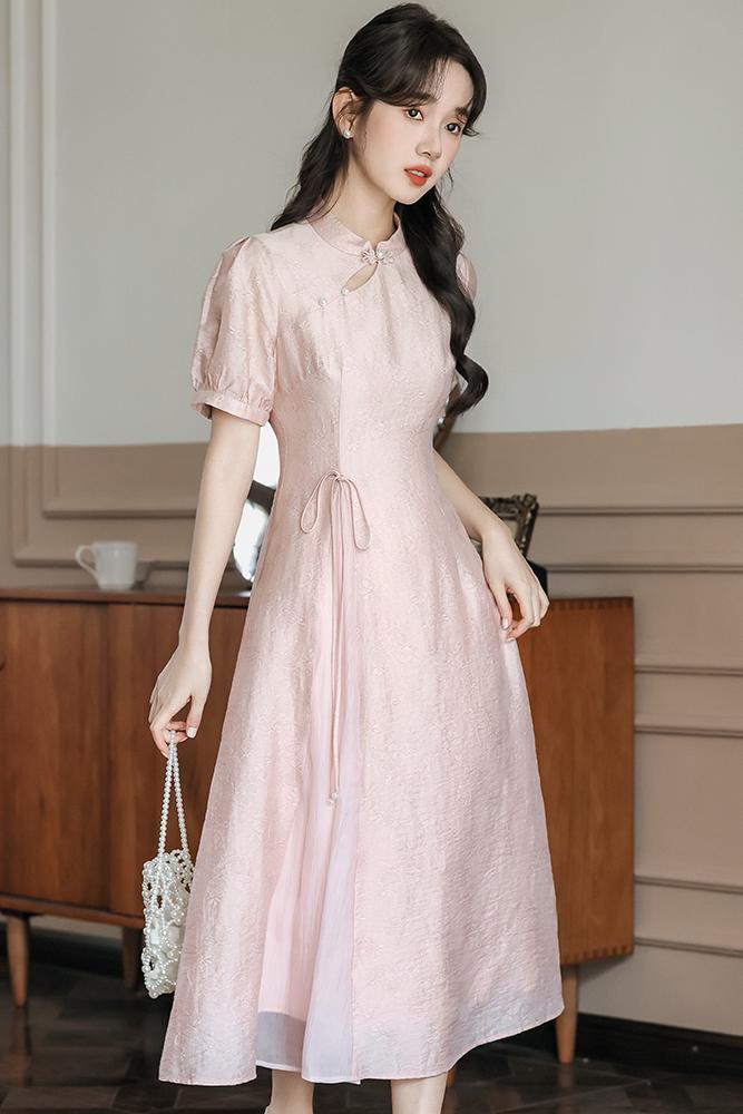 Pink Luster Dress 粉贝柔光中式连身裙