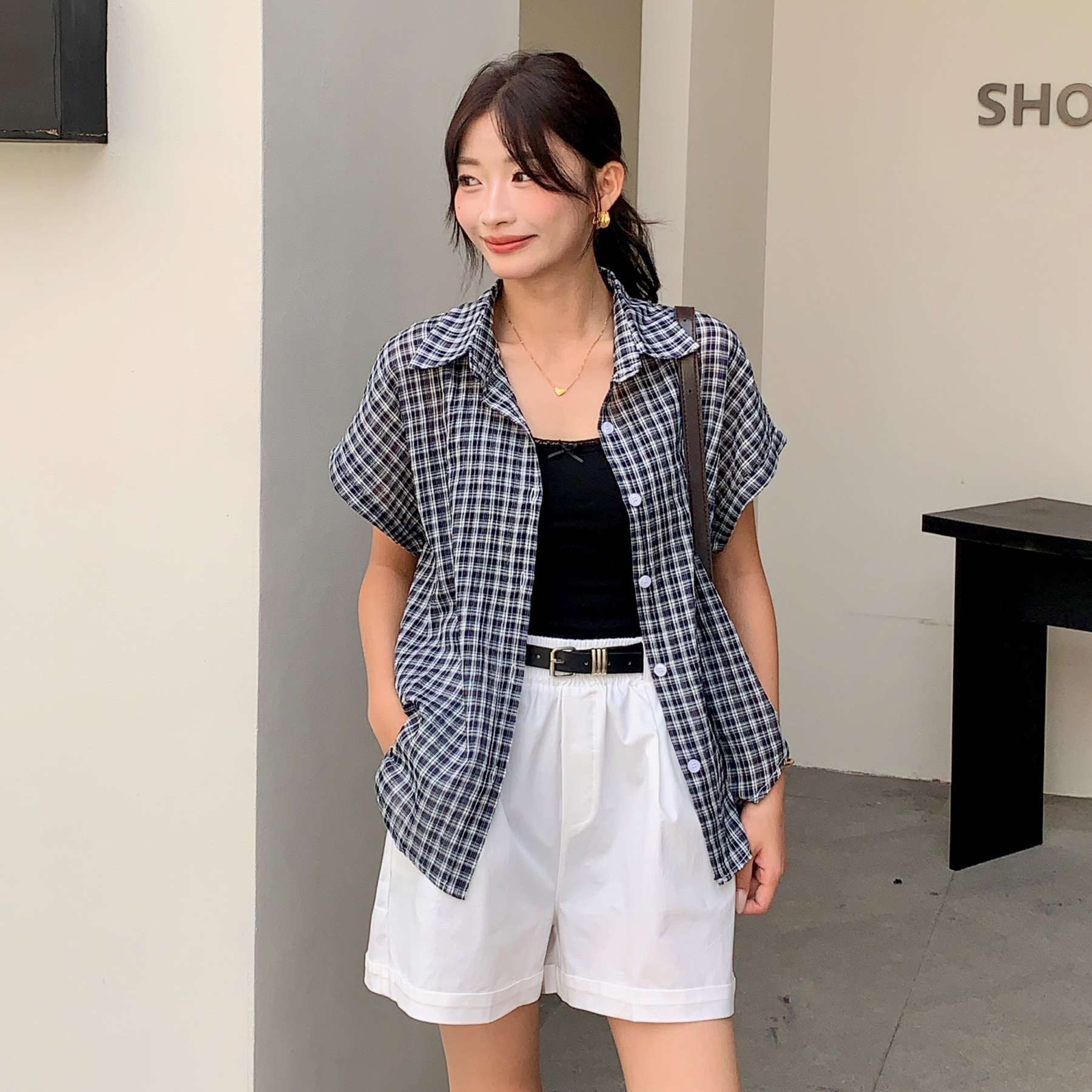 Casual Retro Plaid Blouse 复古风短袖格子衬衫*2 Colors