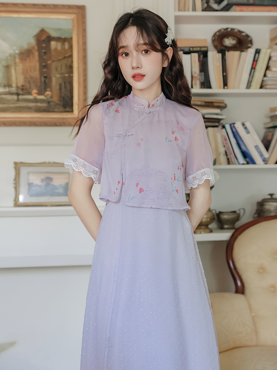 烟紫色古风印花假两件雪纺连衣裙  Lavender Floral Chiffon Layered Dress