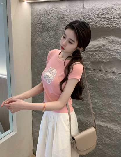 Ribbed Texture Embroidered Crop Tee 刺绣螺纹短款t恤*4 Colors 