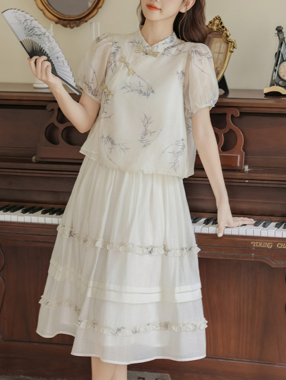 2024 New Women's Bamboo Shadow New Chinese Short-Sleeved Shirt High Waist Skirt Two-Piece Set 40