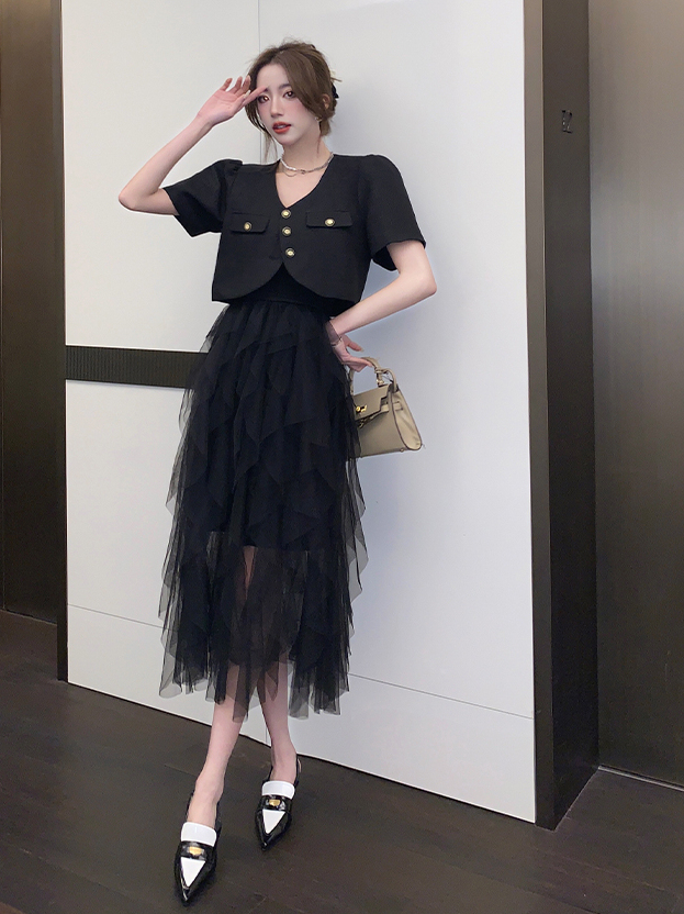 Real Shot Spot Elegant French Socialite Classic Style Short Sleeve Suit Coat Sling Cake Gauze Skirt Two-Piece Suit