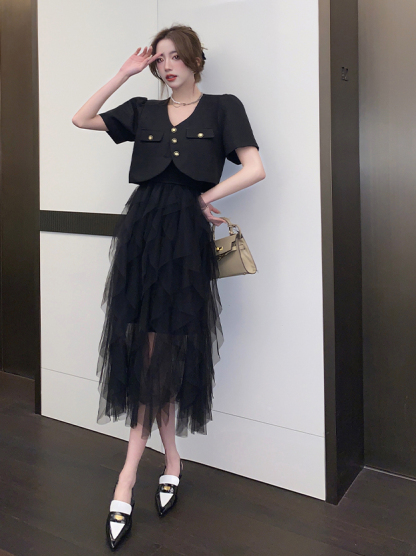 Real Shot Spot Elegant French Socialite Classic Style Short Sleeve Suit Coat Sling Cake Gauze Skirt Two-Piece Suit