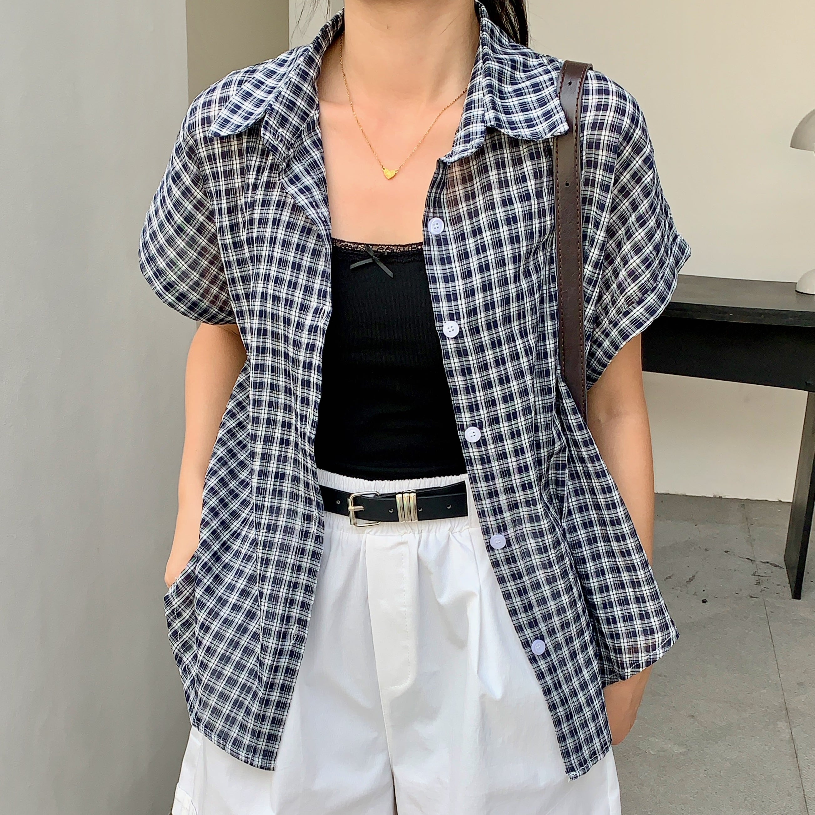Casual Retro Plaid Blouse 复古风短袖格子衬衫*2 Colors