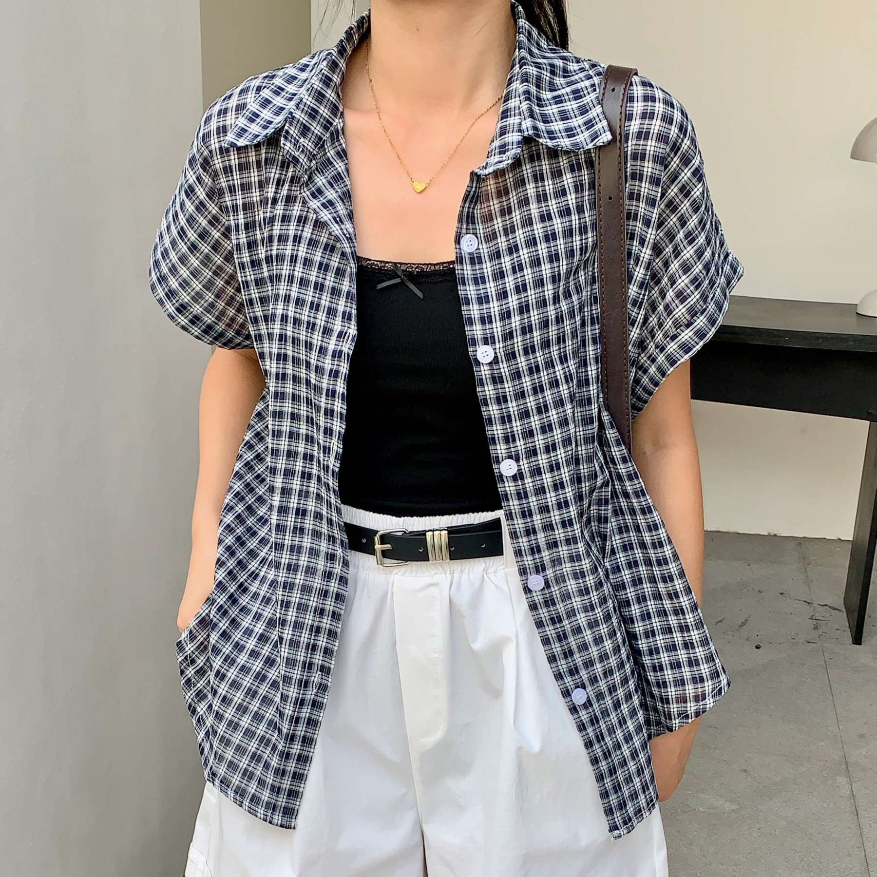 Casual Retro Plaid Blouse 复古风短袖格子衬衫*2 Colors