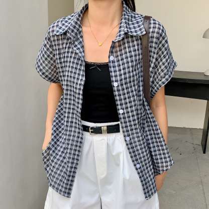 Casual Retro Plaid Blouse 复古风短袖格子衬衫*2 Colors