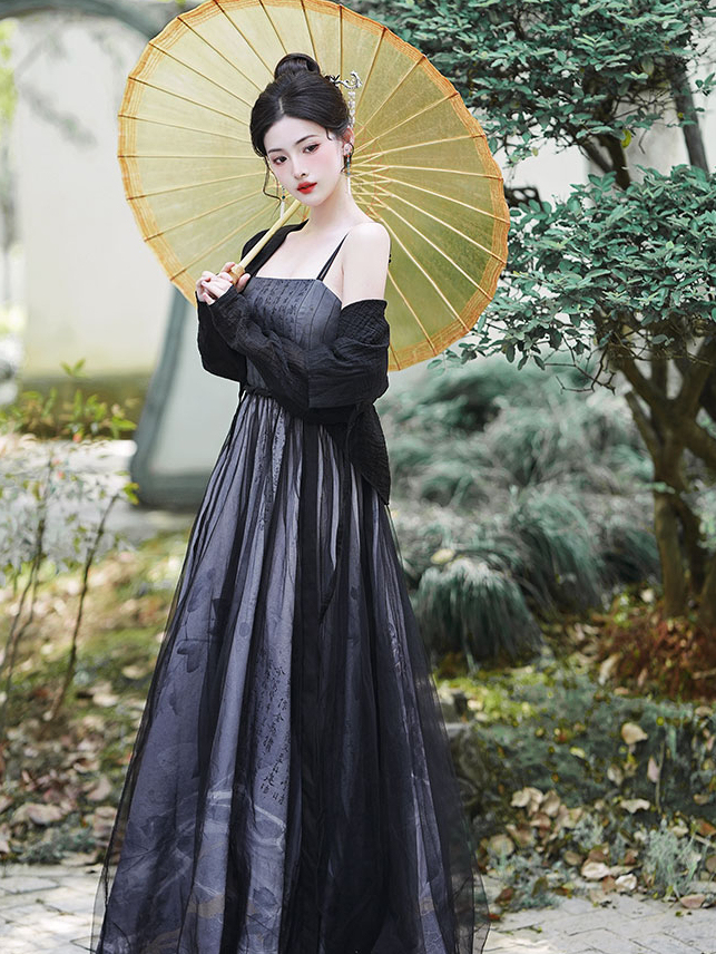 Elegant Inked Maxi Dress & Long Sleeve Blouse Set 水墨印花大摆连衣裙+长袖小衫两件套