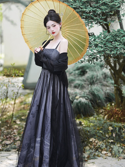 Elegant Inked Maxi Dress & Long Sleeve Blouse Set 水墨印花大摆连衣裙+长袖小衫两件套