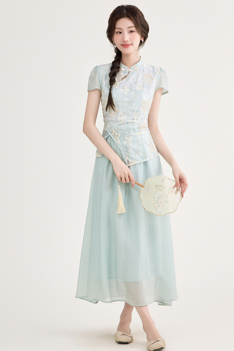 蓝色气质假两件印花连衣裙 Summer New Chinese Style Jacquard Embroidered Qipao Dress Fake Two-Piece Irregular Elegant Dress