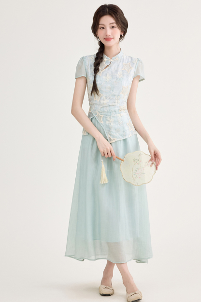 蓝色气质假两件印花连衣裙 Summer New Chinese Style Jacquard Embroidered Qipao Dress Fake Two-Piece Irregular Elegant Dress