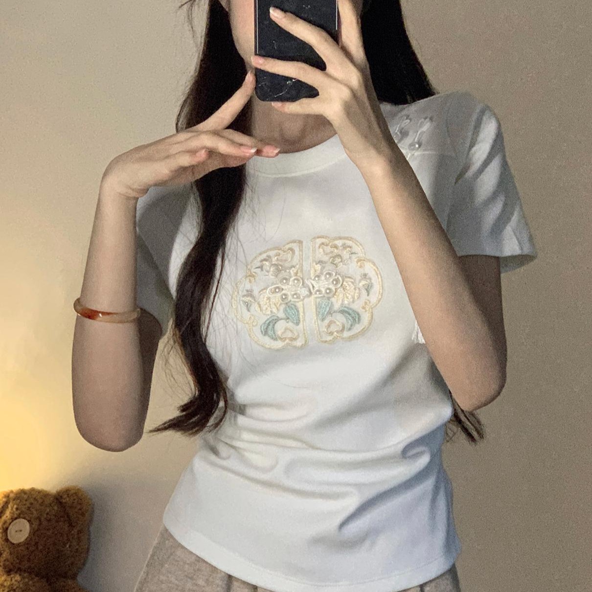 Real Shot New Chinese Style Rayon Air Layer 210g Short Sleeve T-Shirt for Women Summer Embroidery Slim Fit Regular Shoulder Short Round Neck Top