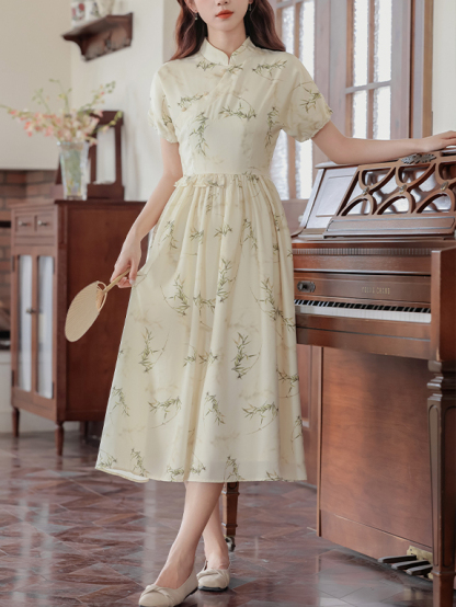 Apricot Tencel Bamboo Leaf Printing New Chinese Style Dress Short Sleeve Waist-Controlled Slimming Dress 40