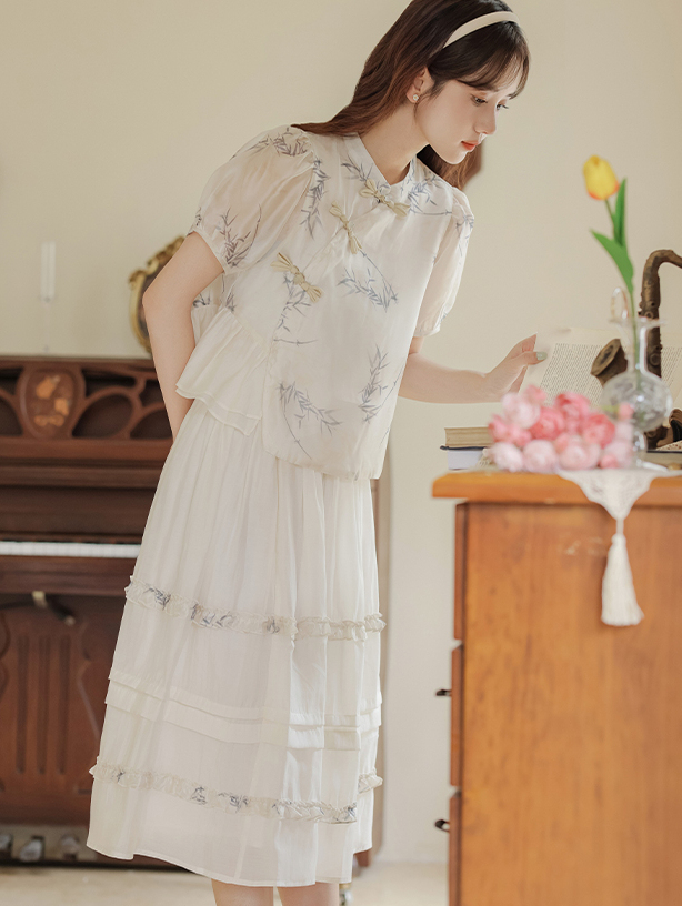 2024 New Women's Bamboo Shadow New Chinese Short-Sleeved Shirt High Waist Skirt Two-Piece Set 40