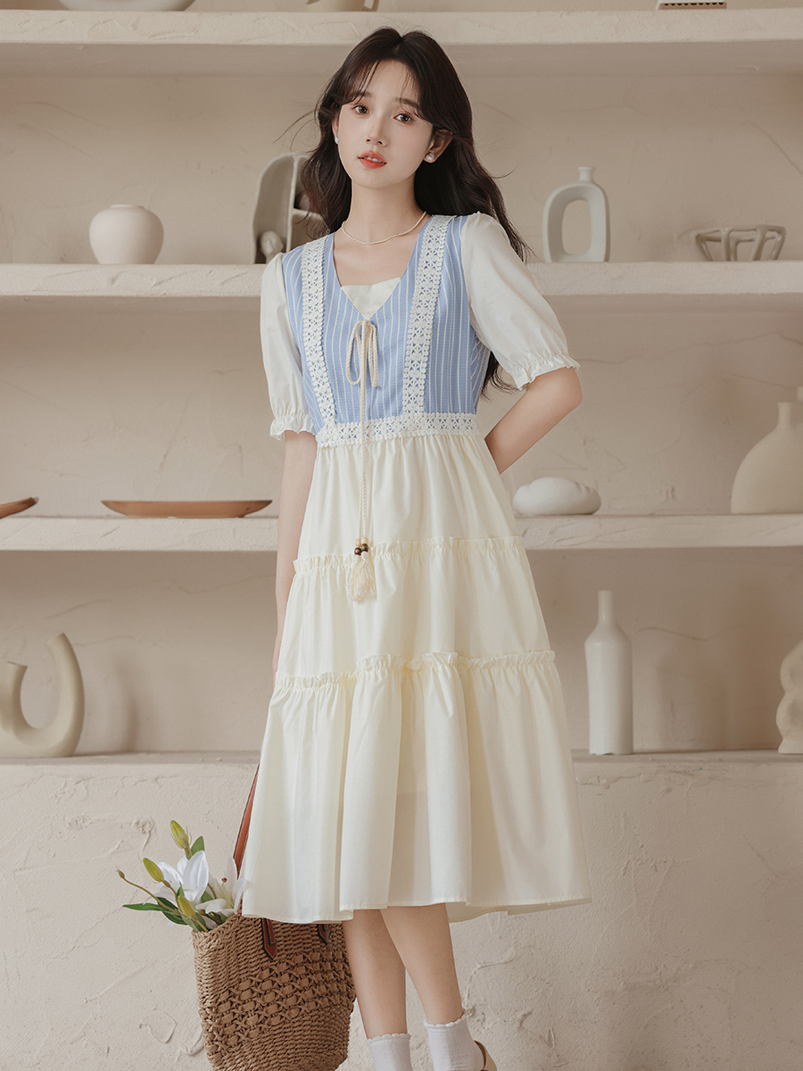 Artistic Vintage Skirt Women's 2024 Summer New Imitation Denim Striped Stitching Fake Two Pieces Short Sleeve Dress 50