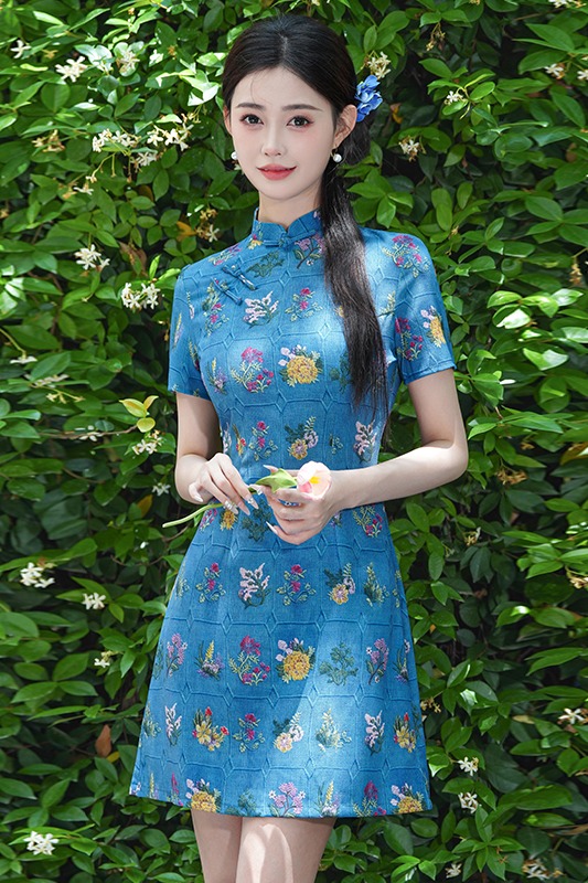 Fresh Floral Print Improved Cheongsam New Chinese Style Retro Age-Reducing Commuting Daily Wear Dress