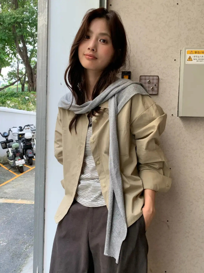  RINA Striped Layered 3-Piece Set 高街韩女！纯色衬衫+条纹背心+披肩三件套*4 Colors