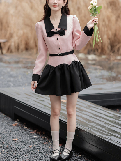 法式粉色娃娃领连衣裙* Size S