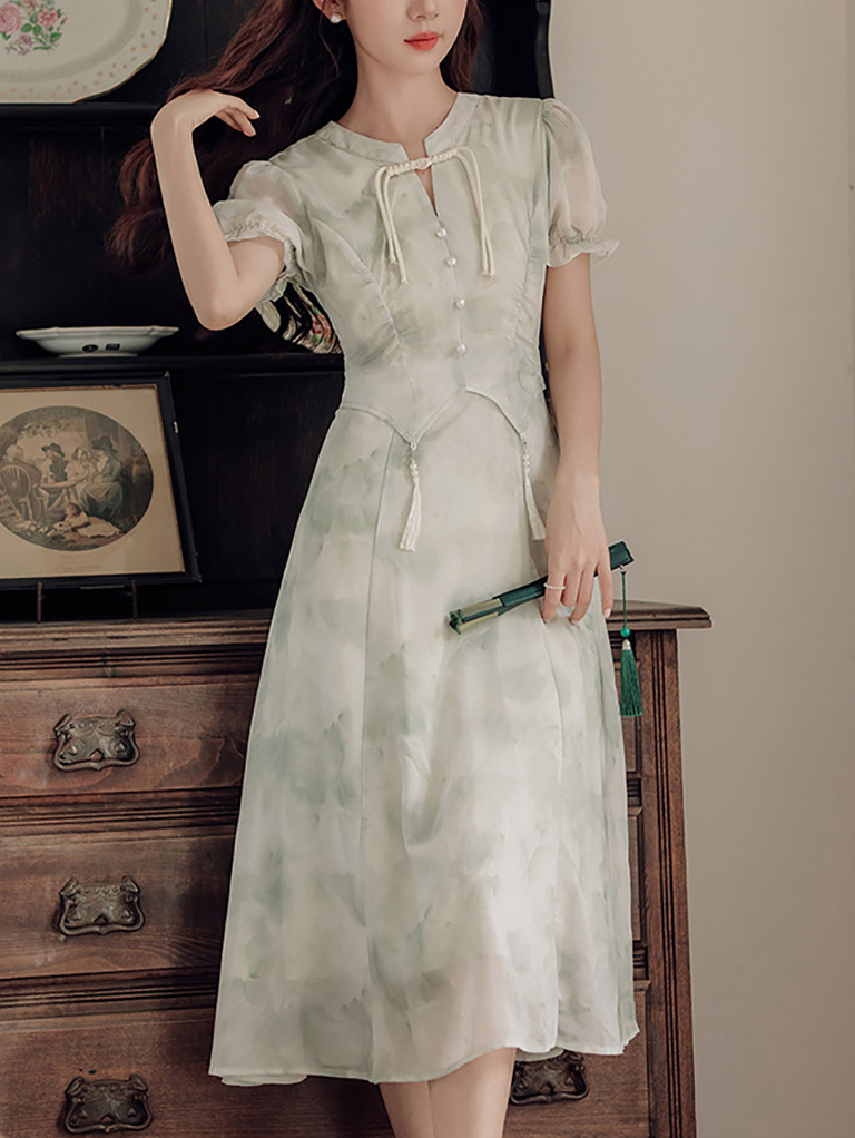 New Chinese Style Improved Cheongsam Printed Temperament Dress Women's Summer New Design Sense Fairy Chic Dress 40