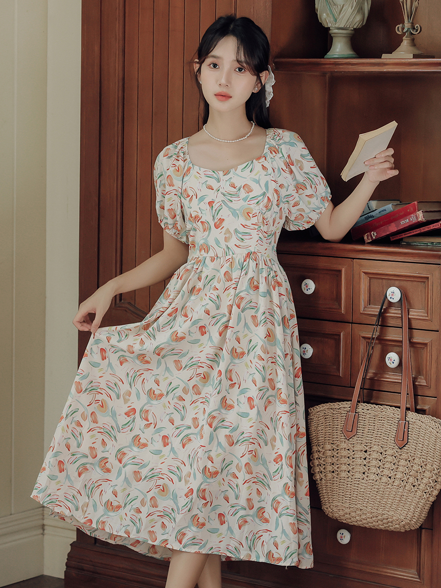 Tea Break French Square Collar Floral Puff Sleeve Dress Female Summer Small Back Cutout A- line Skirt 40