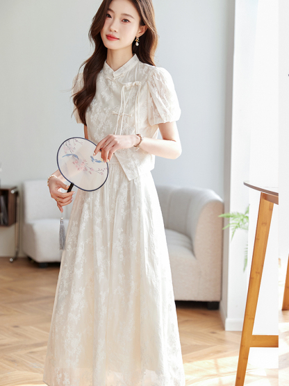 New Chinese Style Set for Women 2025 Summer Stand Collar Jacquard Shirt Top and Skirt Two-Piece Set