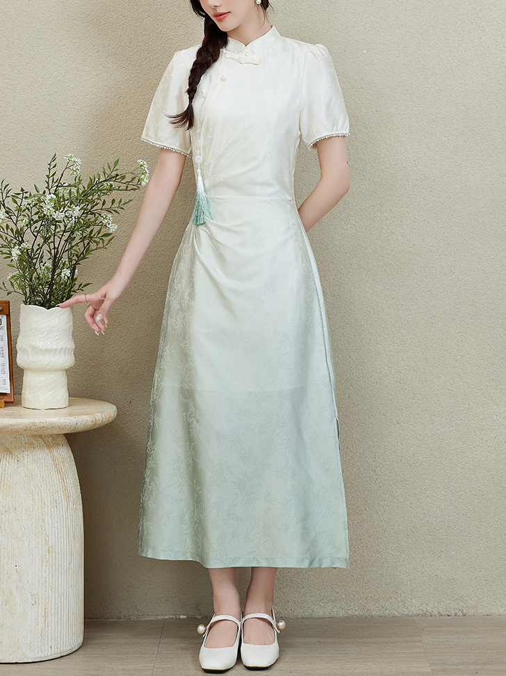 Elegant Slimming Short Sleeve Improved Cheongsam Gradient Blue 渐变碧短袖改良式旗袍裙