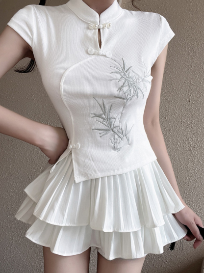 New Chinese Style Embroidered National Style Button Top Design Slimming Pleated Skirt Age-Reducing Workwear Two-Piece Set